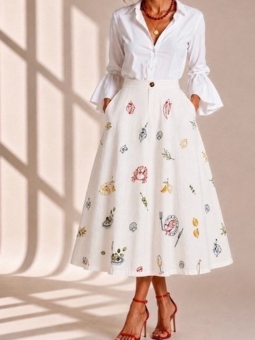 Caroline Constas off white Maxi Skirt with Food Motifs